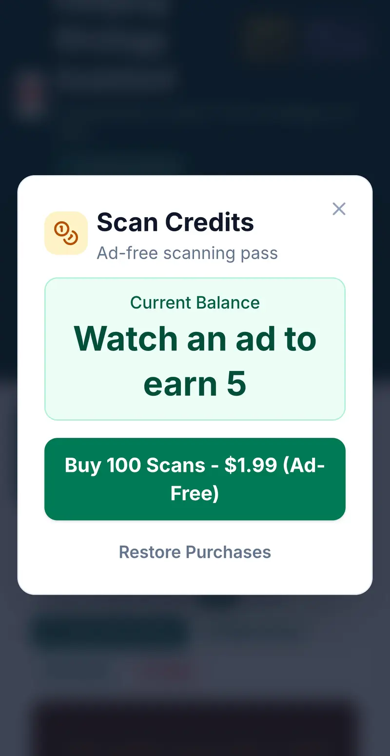 Scan Credits modal showing balance and purchase option