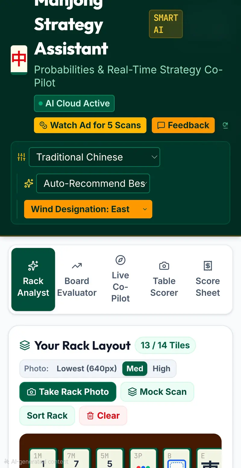 Rack Analyst screen showing tile rack and rules selector