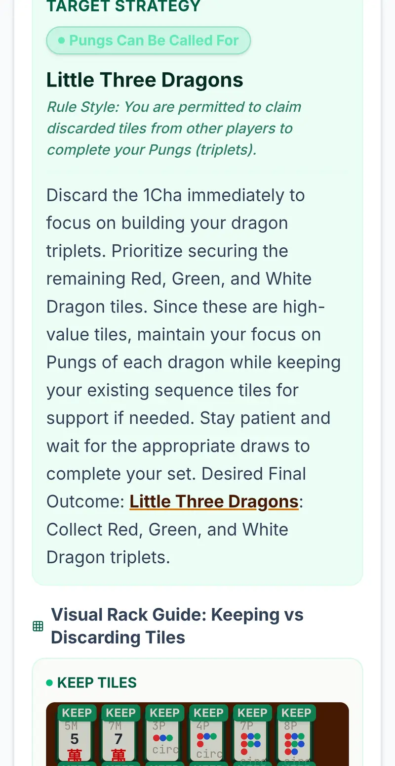 Step Advisor showing Little Three Dragons target strategy with keep tiles highlighted
