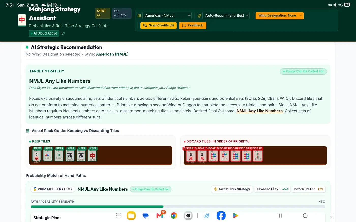 Mahjong Strategy Assistant showing an AI-recommended strategy with keep and discard tiles highlighted