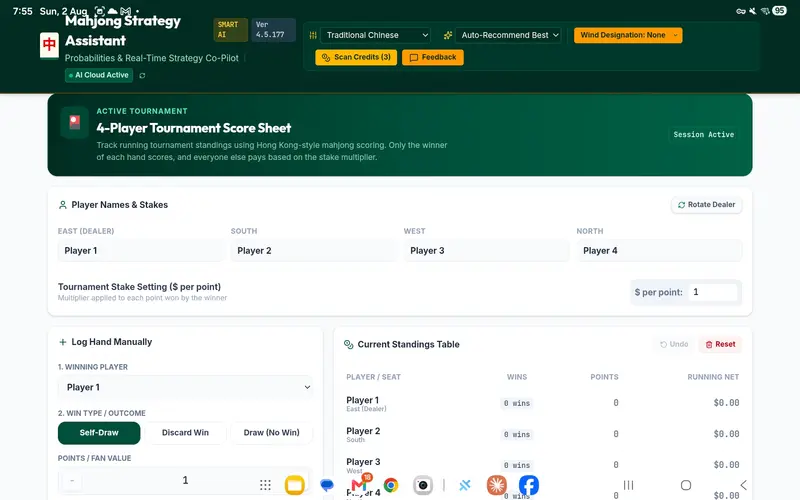 Score Sheet showing tournament standings table and hand logging form