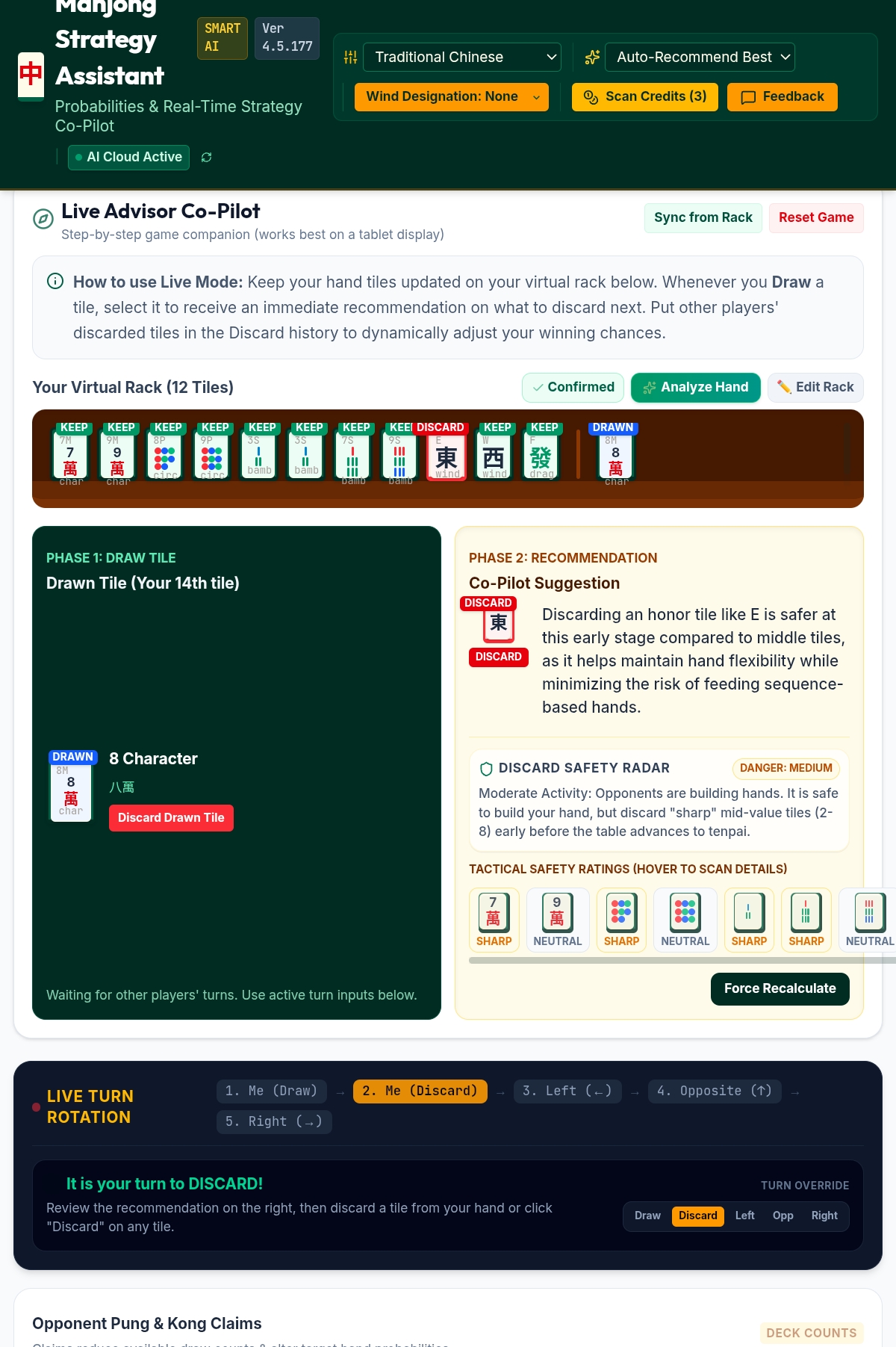 Live Co-Pilot screen showing the virtual rack, drawn tile, discard recommendation, and turn rotation tracker.