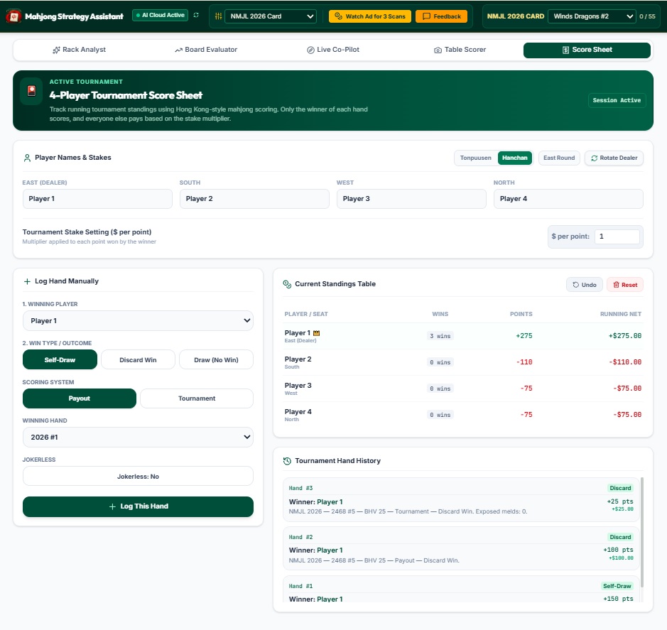 Score Sheet in NMJL 2026 mode, showing the Log Hand Manually panel with Payout scoring selected, a winning hand dropdown, and a running standings table with tournament hand history.