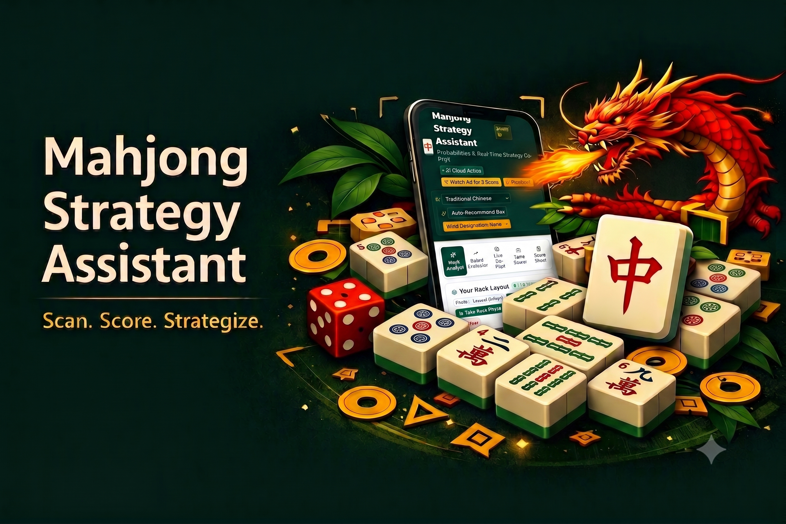 Mahjong Strategy Assistant — Scan. Score. Strategize. Illustration of a fiery red dragon behind the app on a phone, surrounded by mahjong tiles and dice.